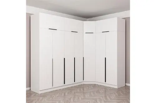 Kaleplus 7 Kapaklı 2 Çekmeceli Köşe Dolap Yüklük, Beyaz Mebran Beyaz Çizgili, 235 Cm
