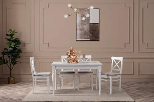 White Çizilmez Açılır Masa Takımı, Gri Minder, 110X70