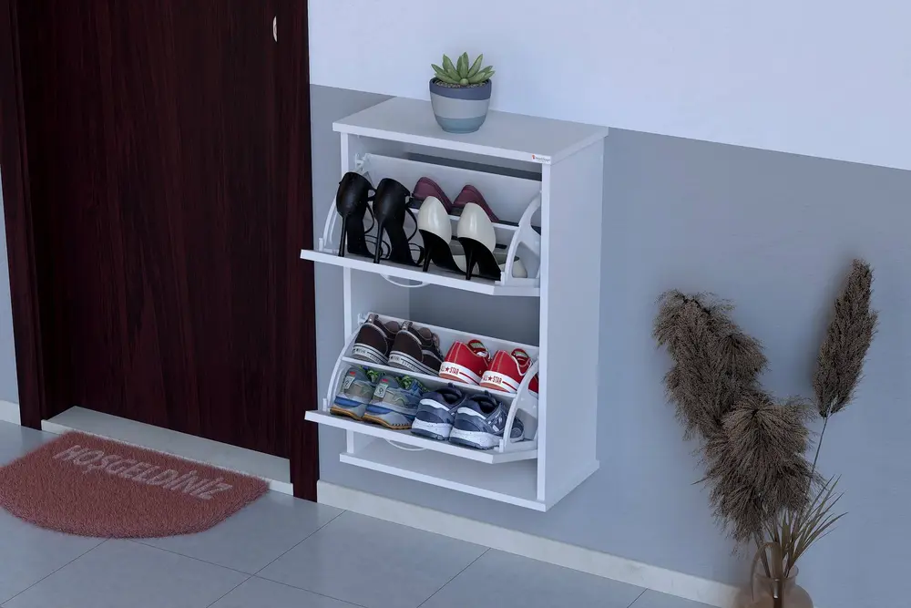 Umay Asma 52 Cm 2 Düşer Kapaklı Ayakkabılık, Beyaz