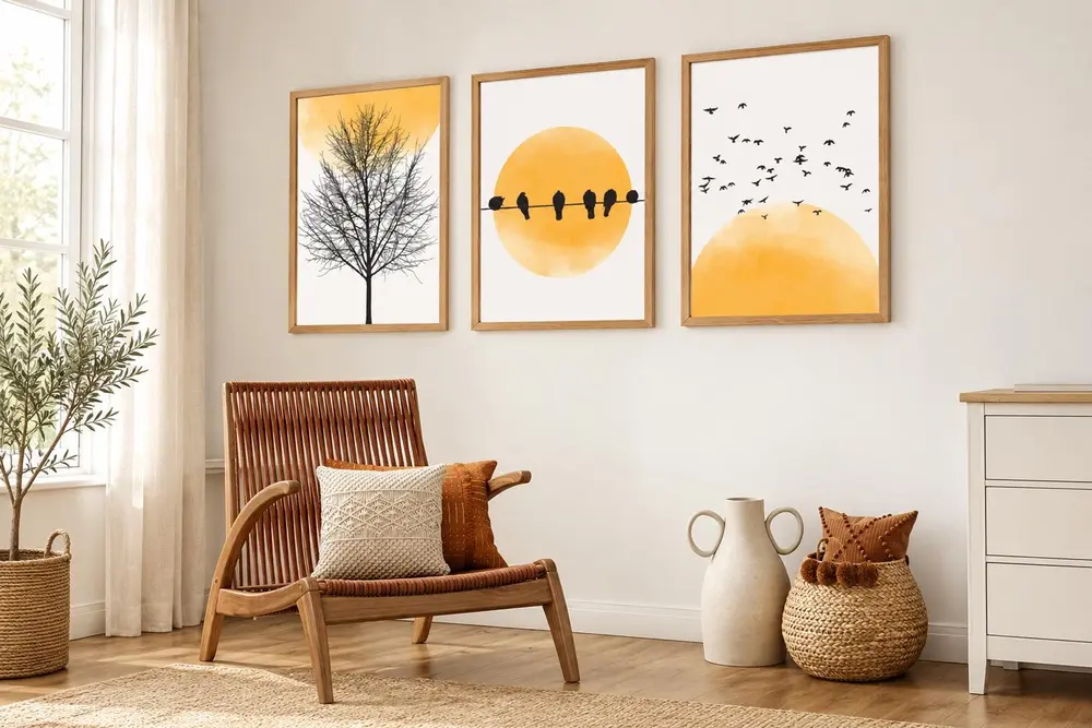 Premium Ahşap Çerçeveli Üçlü İskandinav Bohem Tablo Seti, Set7, 50X35Cm