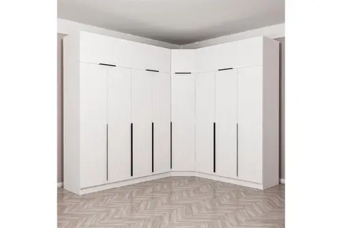 Kaleplus 8 Kapaklı 4 Çekmeceli Köşe Dolap Yüklük, Beyaz Mebran Beyaz Çizgili, 235 Cm