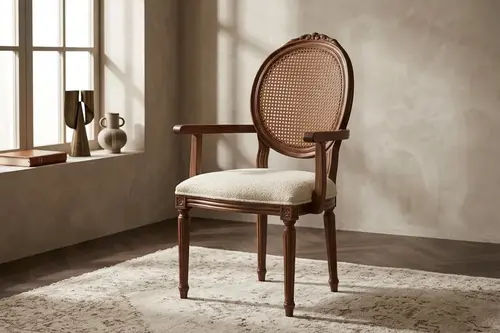 Kollu Madalyon Sandalye, Ceviz Ahşap, Krem Kumaş