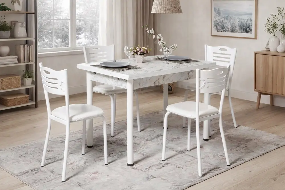 Smart Masa Ve Smart Sandalye Takımı, Beyaz Mermer, 110X70