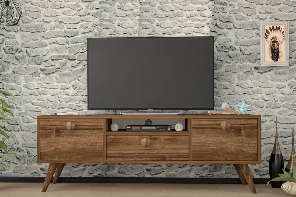 Penta Tv Sehpası, Ahşap Ayaklı, Ceviz, 140 Cm
