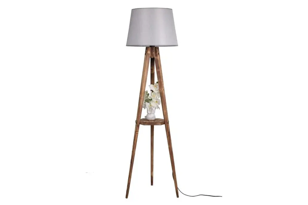 Sehbalı Tripod Yanık Lambader Pramit Hasır Gri Abajurlu