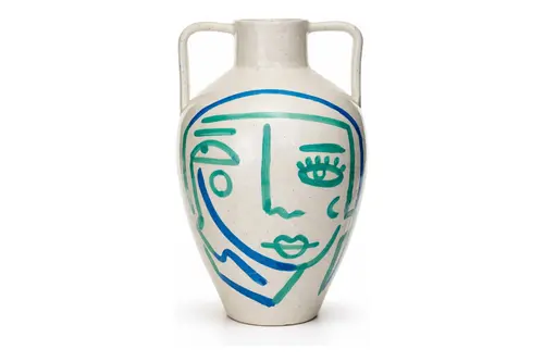 Beyaz Mavi Turkuaz Soyut Yüz Terracotta Vazo Boho