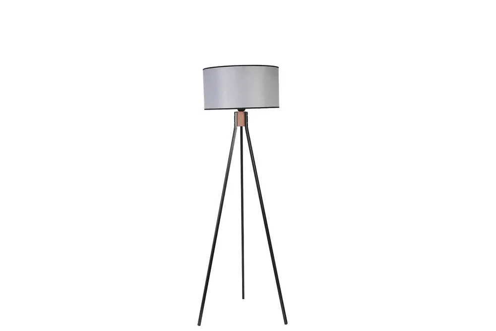 Fısco Tripod Siyah Lambader Silindir Hasır Gri Abajurlu