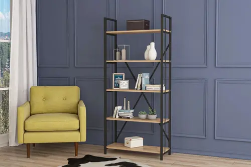 Akasya Lux 5 Raflı Metal Kitaplık, Çam