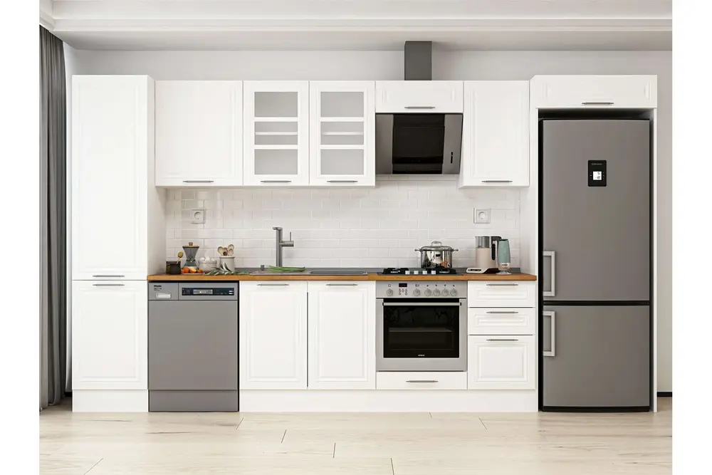 Alvinka 385X222 Cm Klasik Mebran Mutfak Dolabı, Mbb E90B50S45 3 Mebran Beyaz Mdf