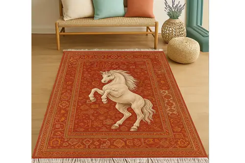 At Figürlü Vintage Kırmızı Desenli Halı, Etnik Kilim Dokuma Taban Halı, 327 Yng, 60X120 Cm