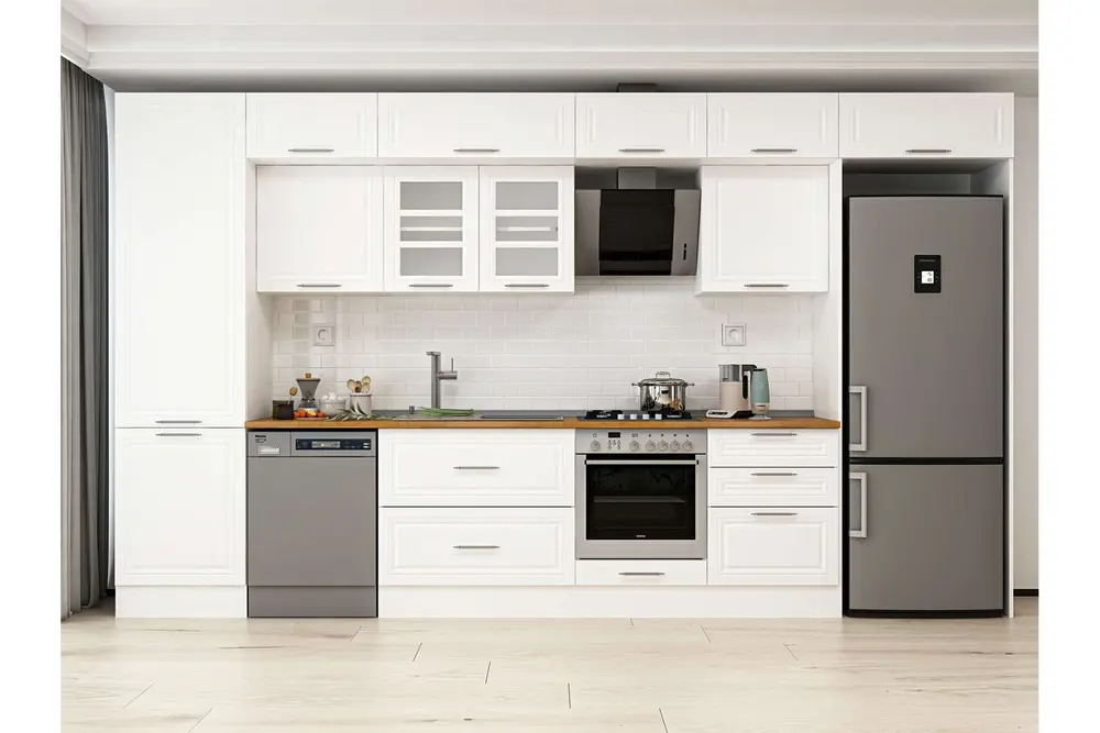 Alvinka 410X240 Cm Klasik Mebran Mutfak Dolabı, Mbb E90B60S60 3 Mebran Beyaz Suntalam
