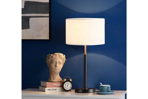 Modern Kumaş Abajur Beyaz Başlıklı-Siyah Gold Ayaklı