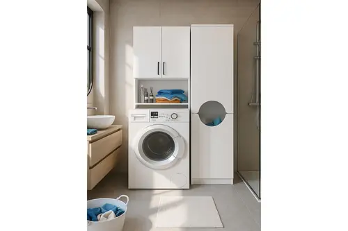 Brillon Verga Çamaşır Makinesi Banyo Dolabı, Kirli Sepetli, Beyaz