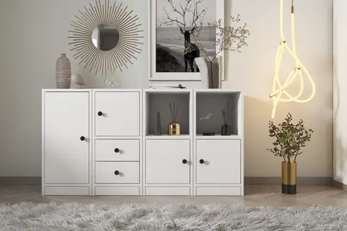 Consola Raflı Dolaplı Çekmeceli Konsol Beyaz 130 Cm Kns-1044-Ç