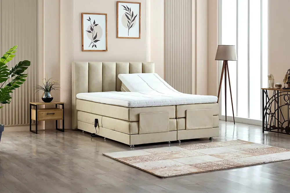 Nera Kumandalı Baza Başlık Yatak Seti, Bej, 100X200