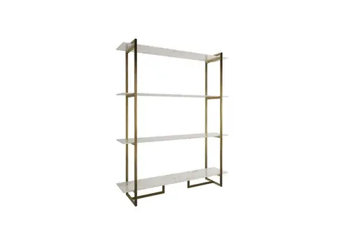 Kafka Eskitme Pirinç Ayak Mermer Görünümlü Cam Tabla Metal Kitaplık, Beyaz