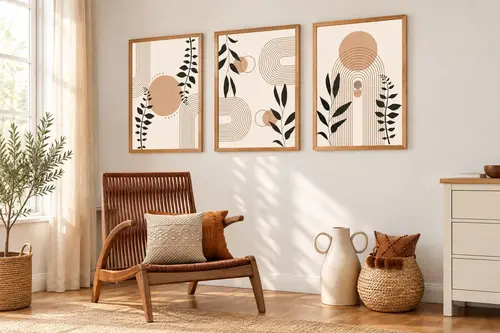Premium Ahşap Çerçeveli Üçlü İskandinav Bohem Tablo Seti, Set1 ,70X50Cm