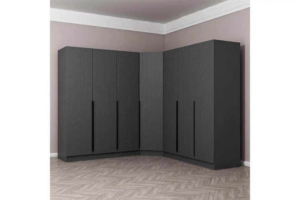 Kaleplus 7 Kapaklı 4 Çekmeceli Köşe Dolap Antrasit Mebran Antrasit Çizgili 190Cm