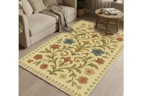 Bej Kır Çiçeği Vintage Dokuma Taban Halı, 397 Yng, 60X120 Cm
