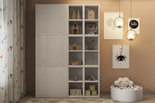 Leon Desenli Kapaklı Çocuk Kitaplığı Beyaz Çok Amaçlı Düzenleyici Çocuk Odası Dolabı Nrg Od 1013