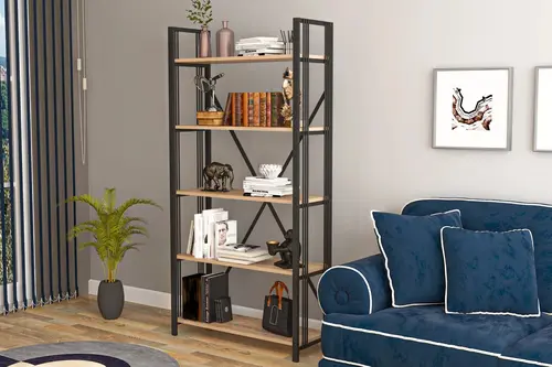 Asel Lux 5 Raflı Metal Kitaplık, Çam