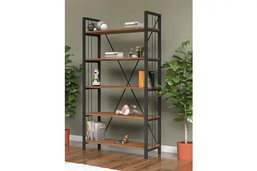 Begüm Lux 5 Raflı Metal Kitaplık, Ceviz