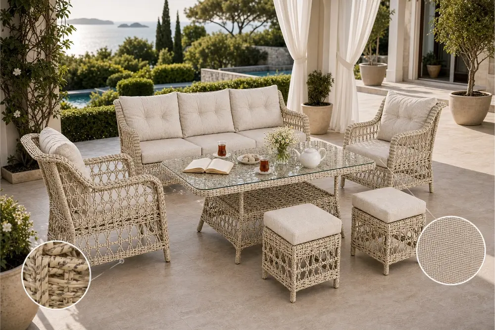 Divarese Maxi Minderli Bahçe Balkon Teras Takımı, 6 Kişilik, Bej