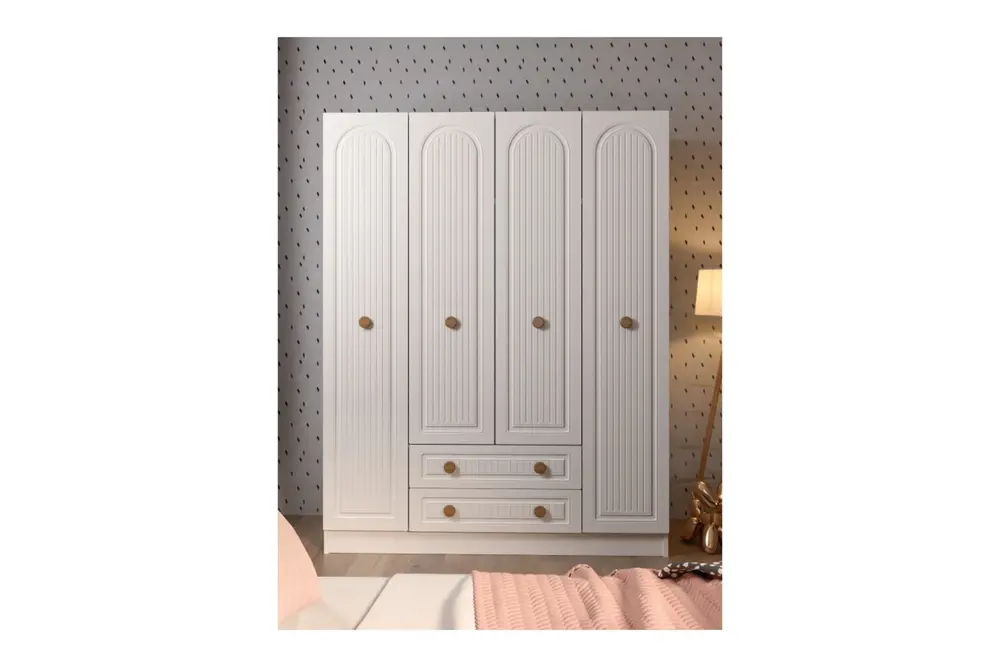 Mina Oval Çizgili Mdf Kapak Çekmeceli Gardırop