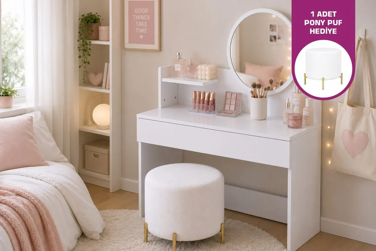 Urla Aynalı Ve Puflu Mini Makyaj Masası Seti, Beyaz