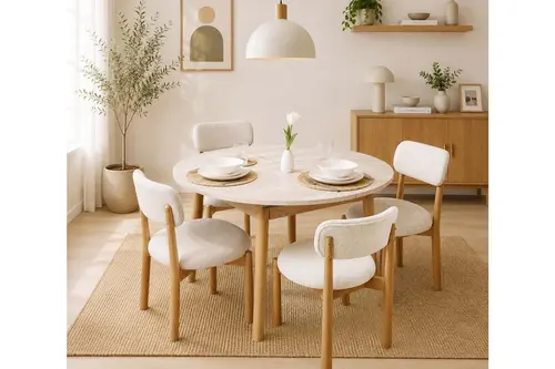Vina Luxe Açılır Yuvarlak Masa Takımı, Traverten Meşe