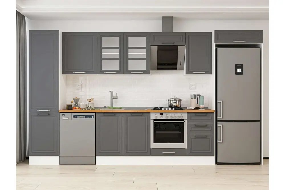 Alvinka 385X222 Cm Klasik Mebran Mutfak Dolabı, Mbb E90B50S45 3 Mebran Antrasit Suntalam