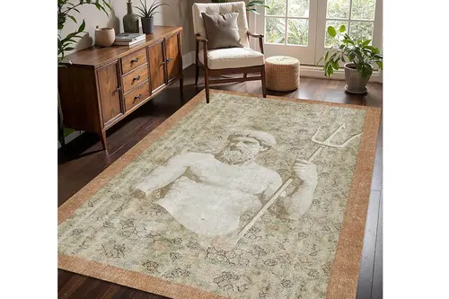 Poseidon Heykeli Mitolojik Tasarımlı Eskitme Dekoratif Halı, Dokuma Taban Halı, 332 Yng, 60X120 Cm