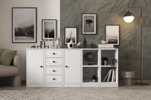 Linea Raflı Dolaplı Çekmeceli Konsol, Beyaz, 160 Cm, Kns 1059 Ç