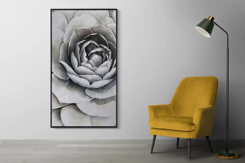 Ahşap Traverten Kaplanmış Dokulu Gül Tablo, Gri, 67X123