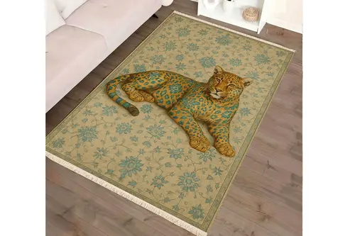 Leopar Figürlü Dekoratif Halı, Bej Desenli Halı, Dokuma Taban Halı, 331 Yng, 60X120 Cm