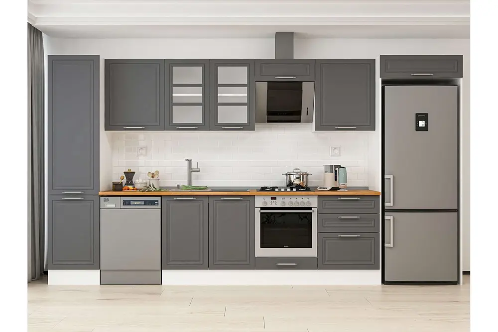 Alvinka 400X222 Cm Klasik Mebran Mutfak Dolabı, Mbb E90B50S60 3 Mebran Antrasit Suntalam