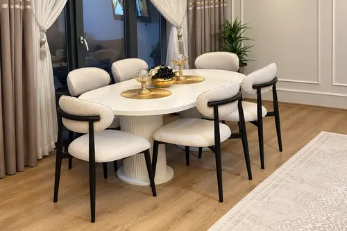 Helin Bohem Mutfak Masa Takımı, Beyaz, 6 Sandalyeli